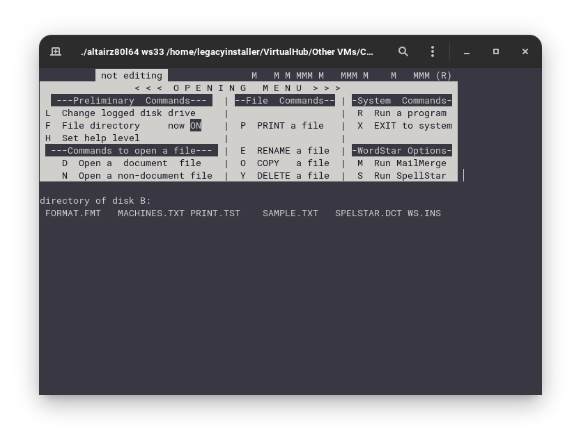 WordStar 3.3 on CP/M-80 2.2 on Altair Z80 emulator