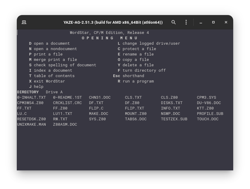 WordStar 4.0 on YAZE