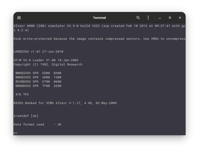 CP/M-80 3.0 on Altair Z80 Emulator