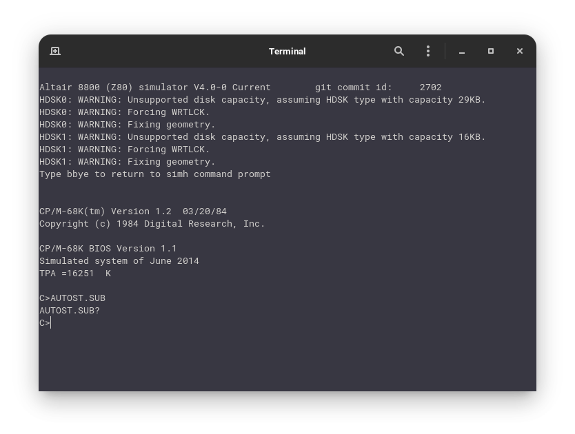 CP/M-68k on Altair Z80 emulator