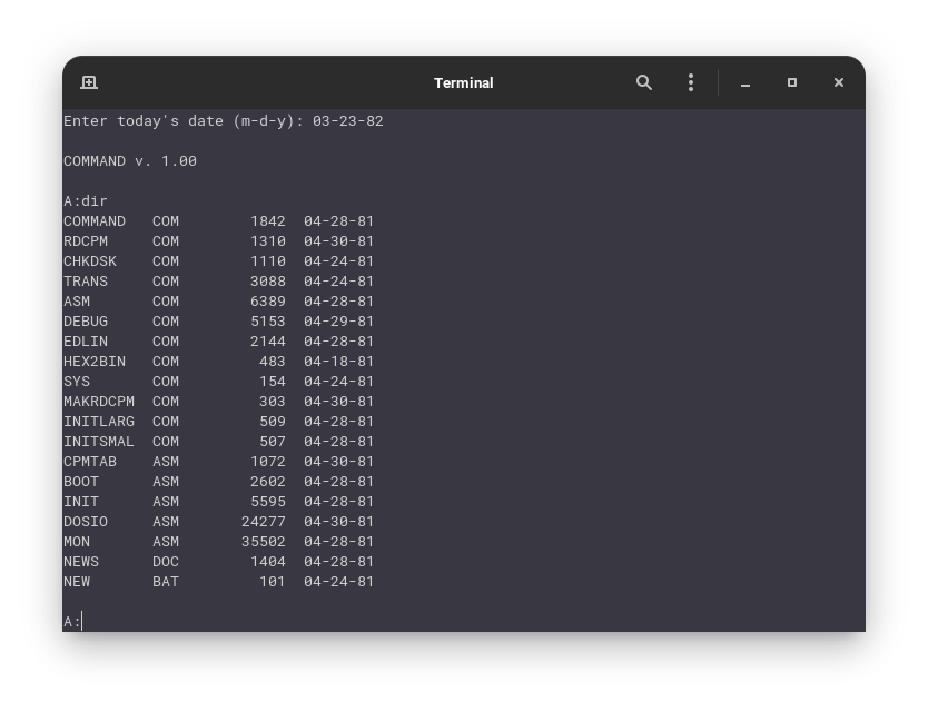 DIR command running in 86DOS