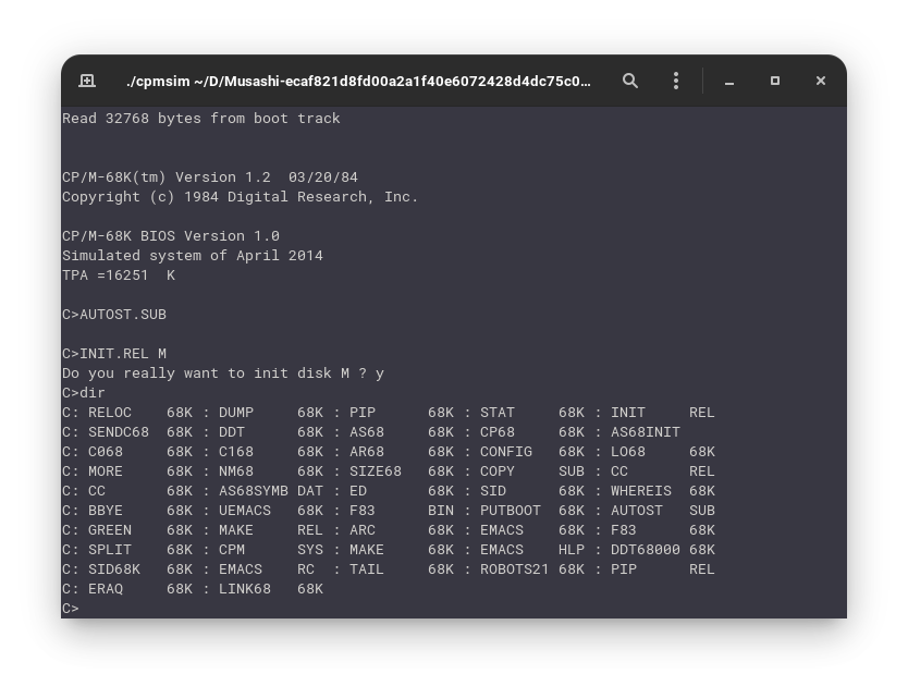 List of Files in CP/M-68k in Musashi Simulator