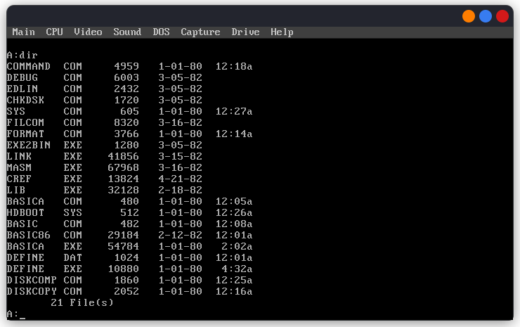 List of files on MS DOS 1.25 on dosbox-x