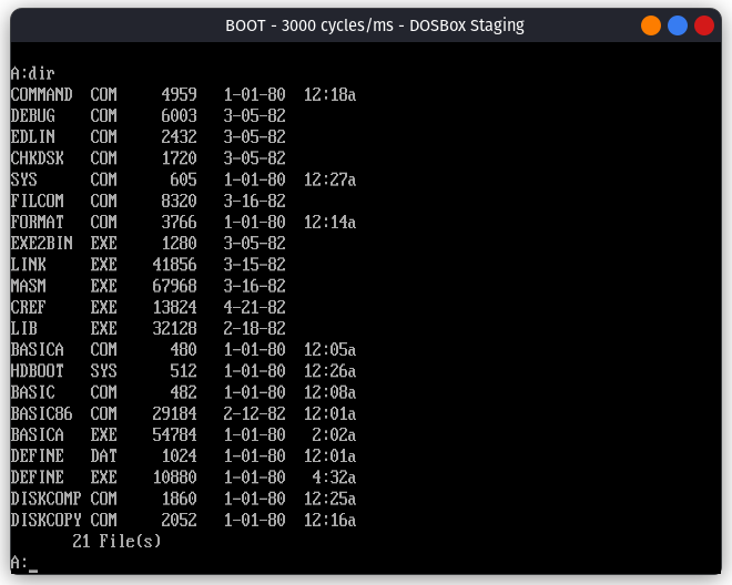 List of files on MS DOS 1.25 on DOSBox-Staging