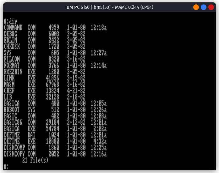 List of Files on MS DOS 1.25 on MAME