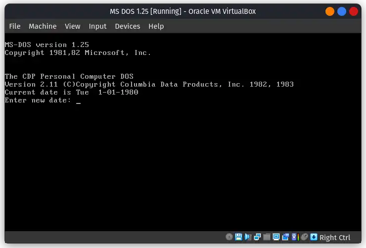 MS DOS 1.25 on VirtualBox