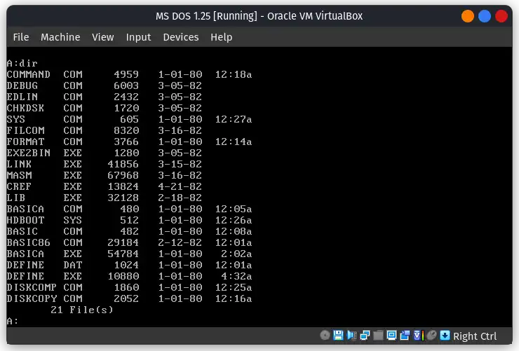 List of Files in MS DOS 1.25 on VirtualBox