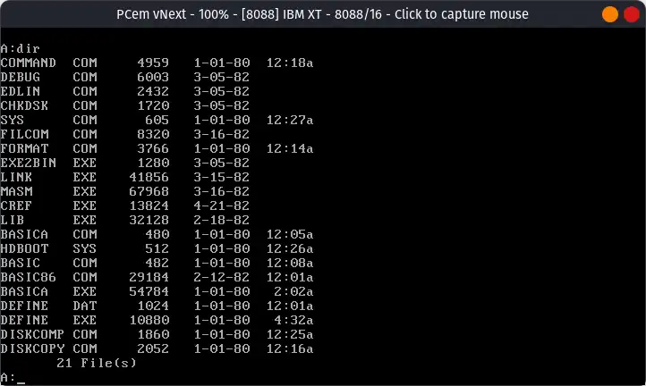 List of files in MS DOS 1.25 on PCem