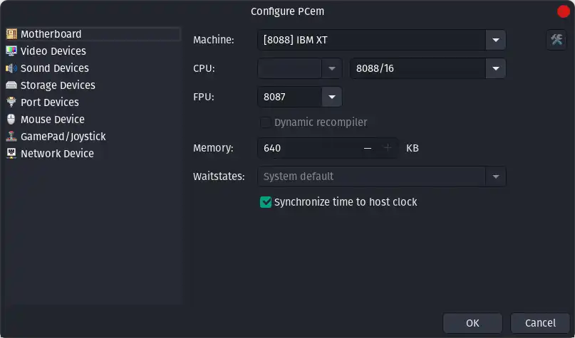 Pcem Settings window