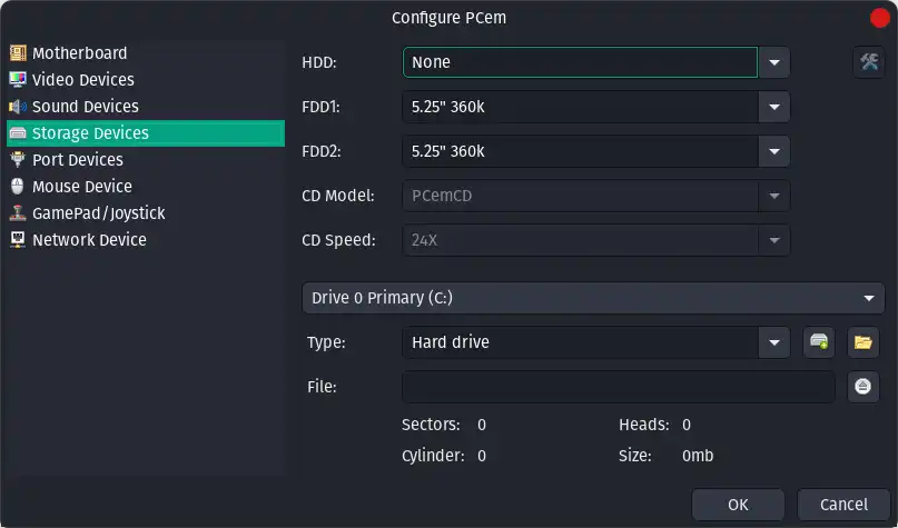 PCem settings - Storage devices