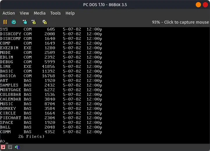 List of files on PC DOS 1.10 on 86Box