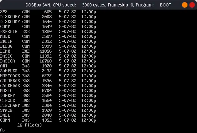 List of files on PC DOS 1.10 on DOSBox