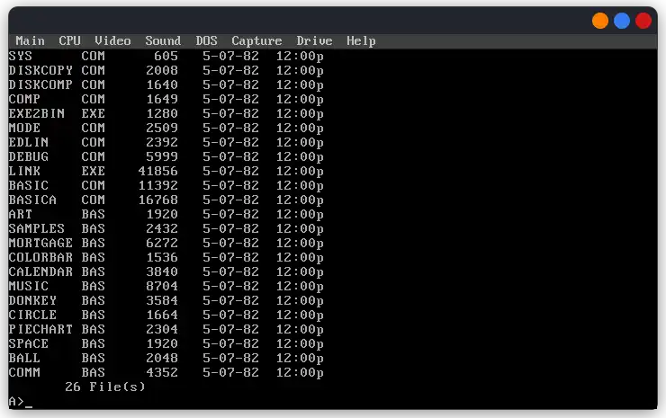 List of files on PC DOS 1.10 on DOSBox-X