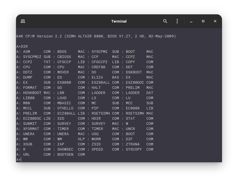 CP/M-80 v2.2 list of files