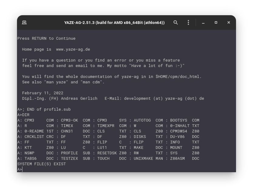 List of FIles in YAZE CP/M-80 2.2